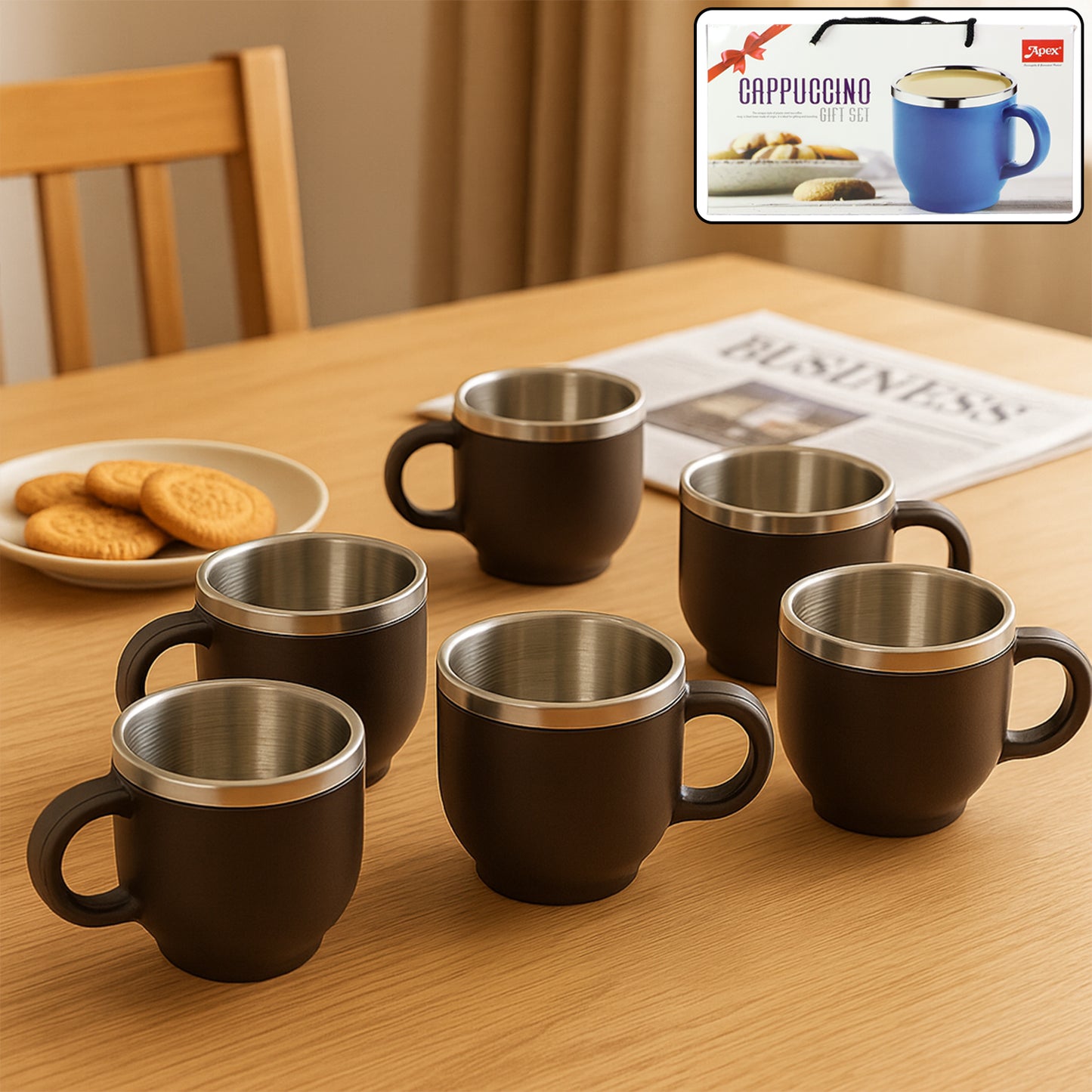 Six Wukusy Apex Premium double wall stainless steel cappuccino mugs, 100ml, in gift set, perfect for home and kitchen use.
