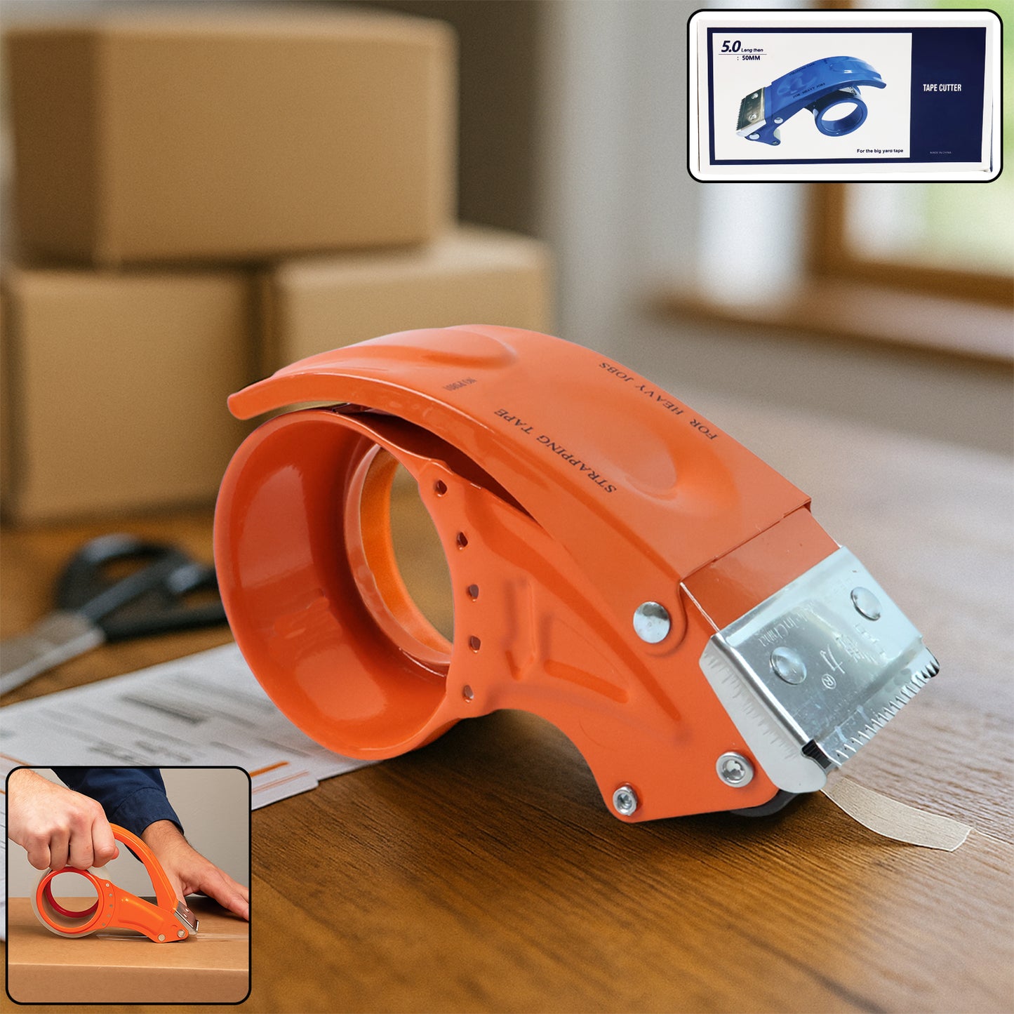 Wukusy heavy-duty packing tape dispenser with 50mm width and ergonomic handle, designed for secure packaging.