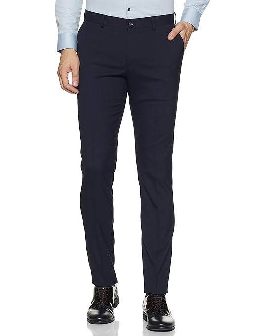 Men's dark blue stretchable formal pants by Seasons, showing a close-up of the comfortable, fitted waistband and fabric texture.