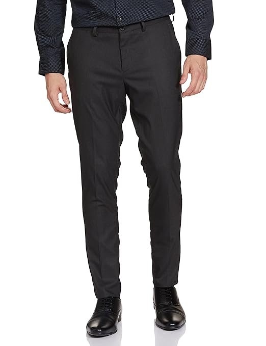 Men's stretchable formal charcoal solid pants by Seasons, tailored fit with comfortable waistband and sleek design.