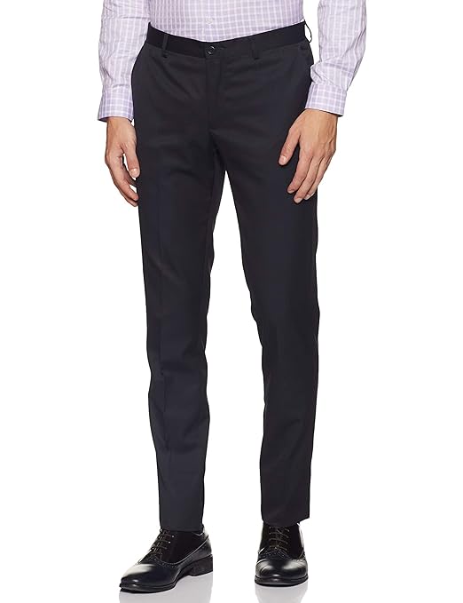 Men's navy blue stretchable formal pants by Seasons, showing the tailored fit and smooth fabric suitable for office or formal wear.
