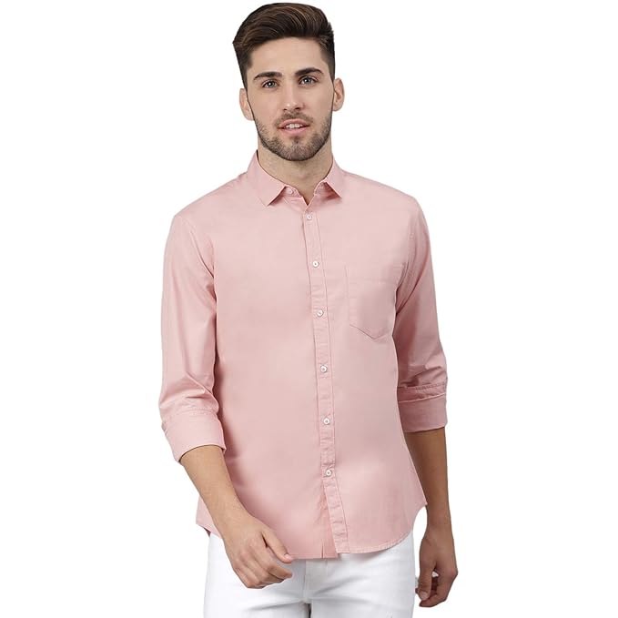 Men's solid peach cotton casual shirt by Seasons with a classic collar and long sleeves, displayed on a hanger.