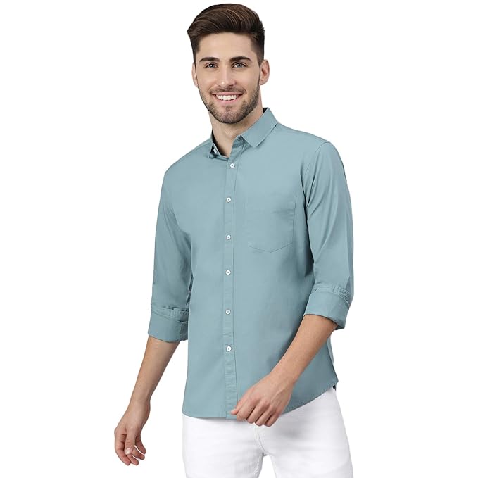 Men's solid cotton casual shirt in blue and teal from Seasons, featuring a classic fit and comfortable design.