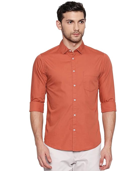 Men's solid orange cotton casual shirt by Seasons, displayed with a collar and button-down front.