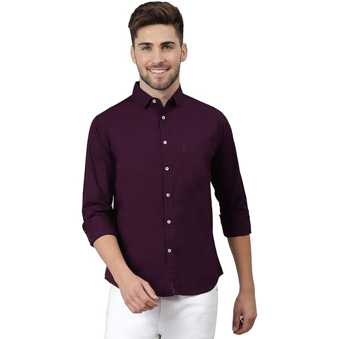 Men's slim fit casual cotton shirt in classic white by Seasons, featuring a button-down collar and long sleeves.