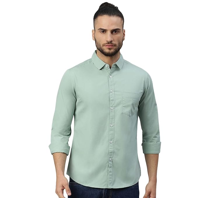 Pink men's slim fit casual cotton shirt by Seasons featuring a classic collar and tailored design.