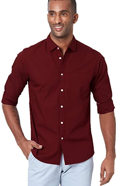 Maroon men's solid formal shirt by Seasons, classic button-down shirt with a tailored fit, ideal for formal occasions.