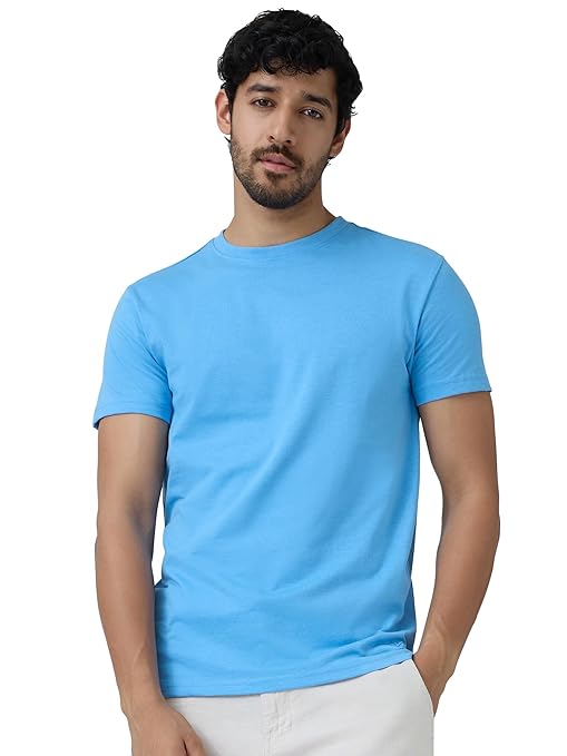 Azure blue men's regular fit T-shirt by Seasons, showing the front view with a casual fit and soft fabric.