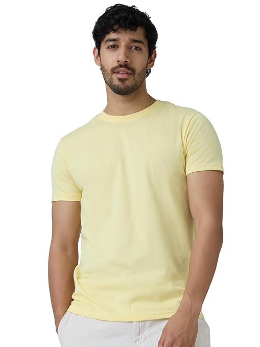 Light yellow men's regular fit T-shirt from Seasons, made of soft fabric, displayed on a hanger.