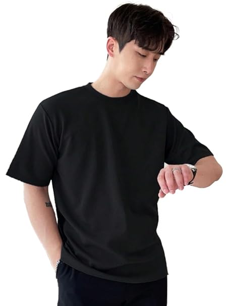 Black men's round neck T-shirt by Seasons, showcasing a comfortable fit and classic design on a plain background.