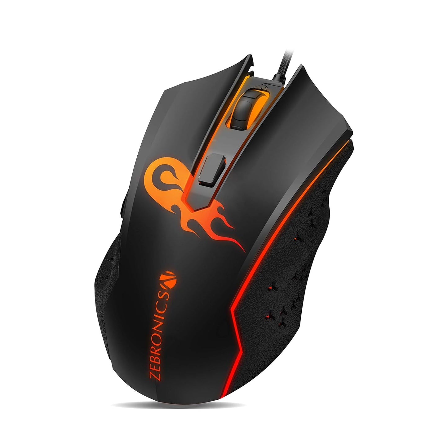 Seasons Zebronics Zeb-Clash wired optical gaming mouse in black with USB 2.0 and 3.0 connectivity, shown from the side.