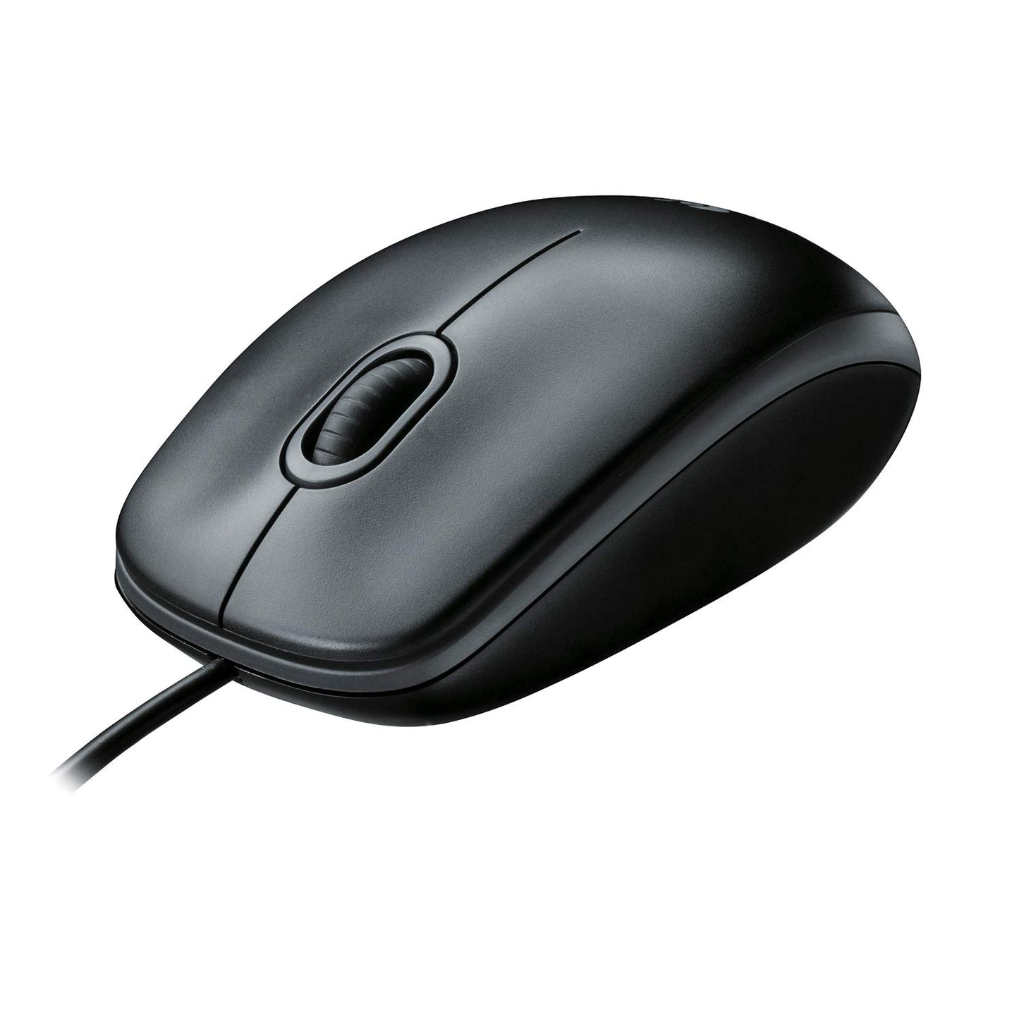 Black Logitech B100 wired optical mouse with USB connection, featuring a simple, ergonomic design for everyday computer use.