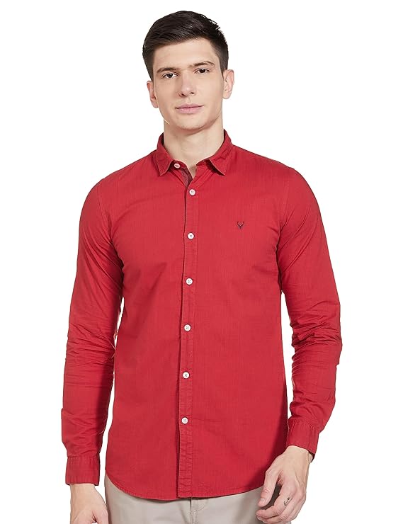Red men's slim fit shirt by Seasons, featuring a classic collar and tailored design, displayed on a hanger.
