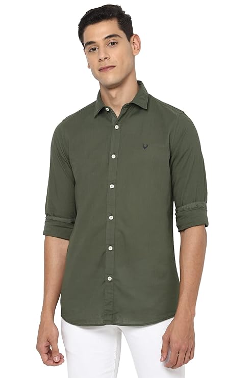 Olive men's slim fit shirt by Seasons, shown on a hanger with a button-down front and long sleeves.