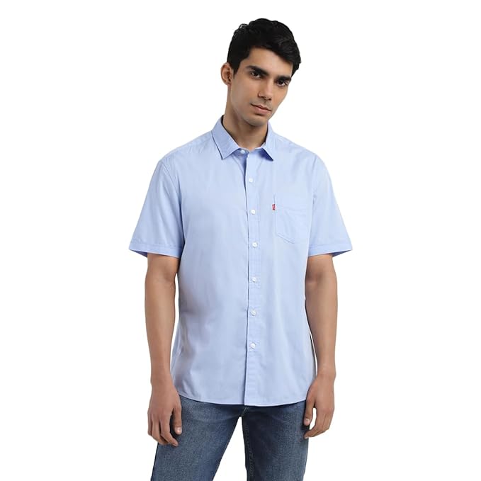Men's slim fit solid blue shirt by Seasons, classic long-sleeve dress shirt with a tailored fit and button-down front.