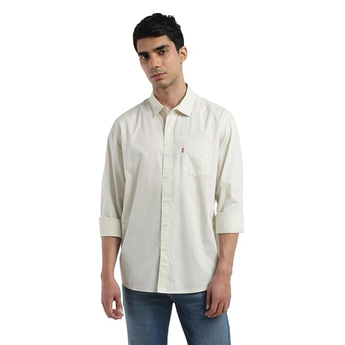 Cream men's slim fit solid shirt by Seasons, featuring a classic collar and long sleeves, displayed on a hanger.