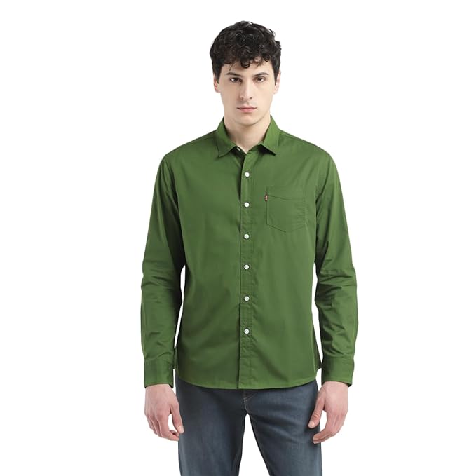 Green men's slim fit solid shirt by Seasons, featuring a classic collar and long sleeves, displayed on a hanger.