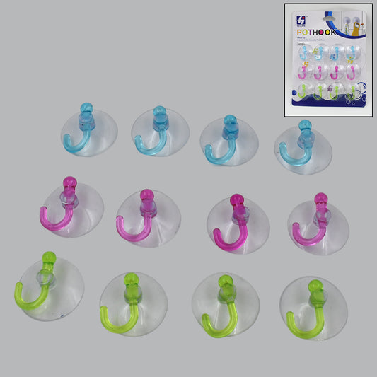 Set of 12 transparent rubber vacuum sucker hooks with strong suction cups for hanging items on smooth surfaces, by Wukusy.
