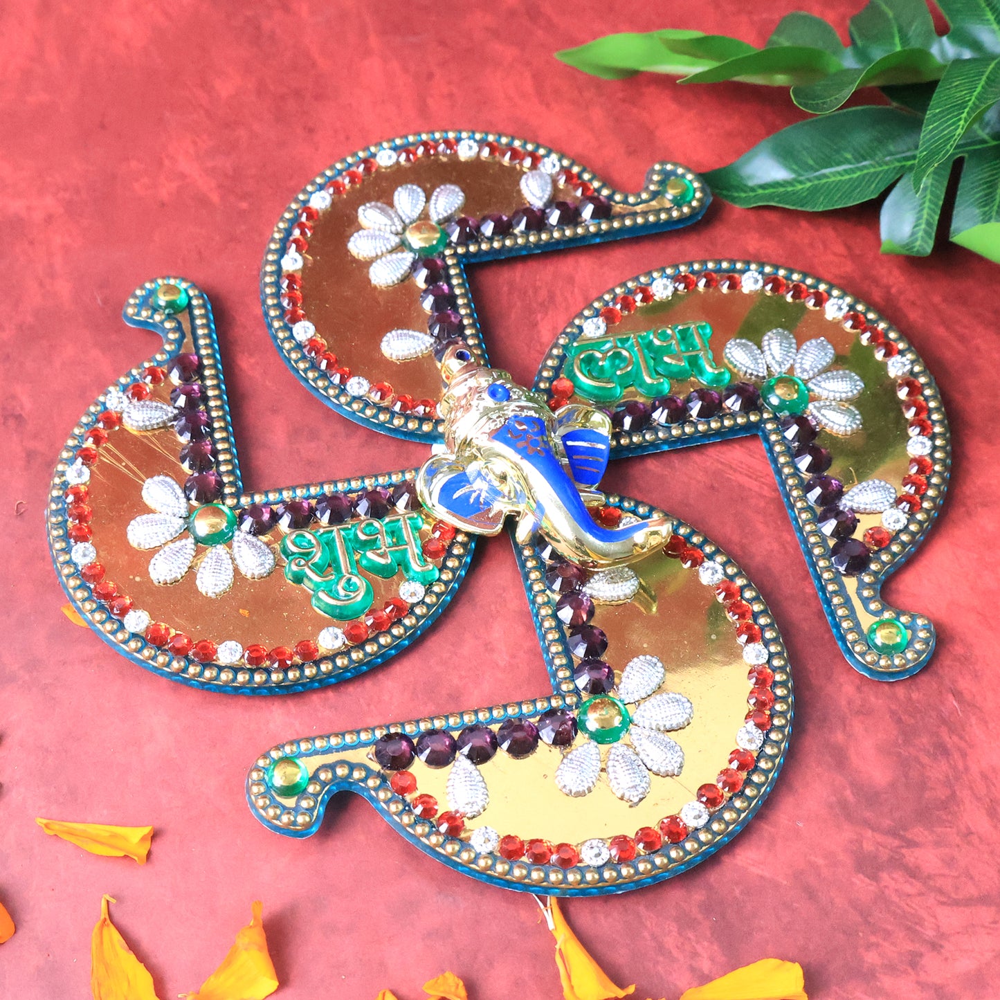 Golden Swastik Shubh Labh wall hanging with Ganesh idol, decorative home decor piece by Wukusy featuring traditional Indian motifs.