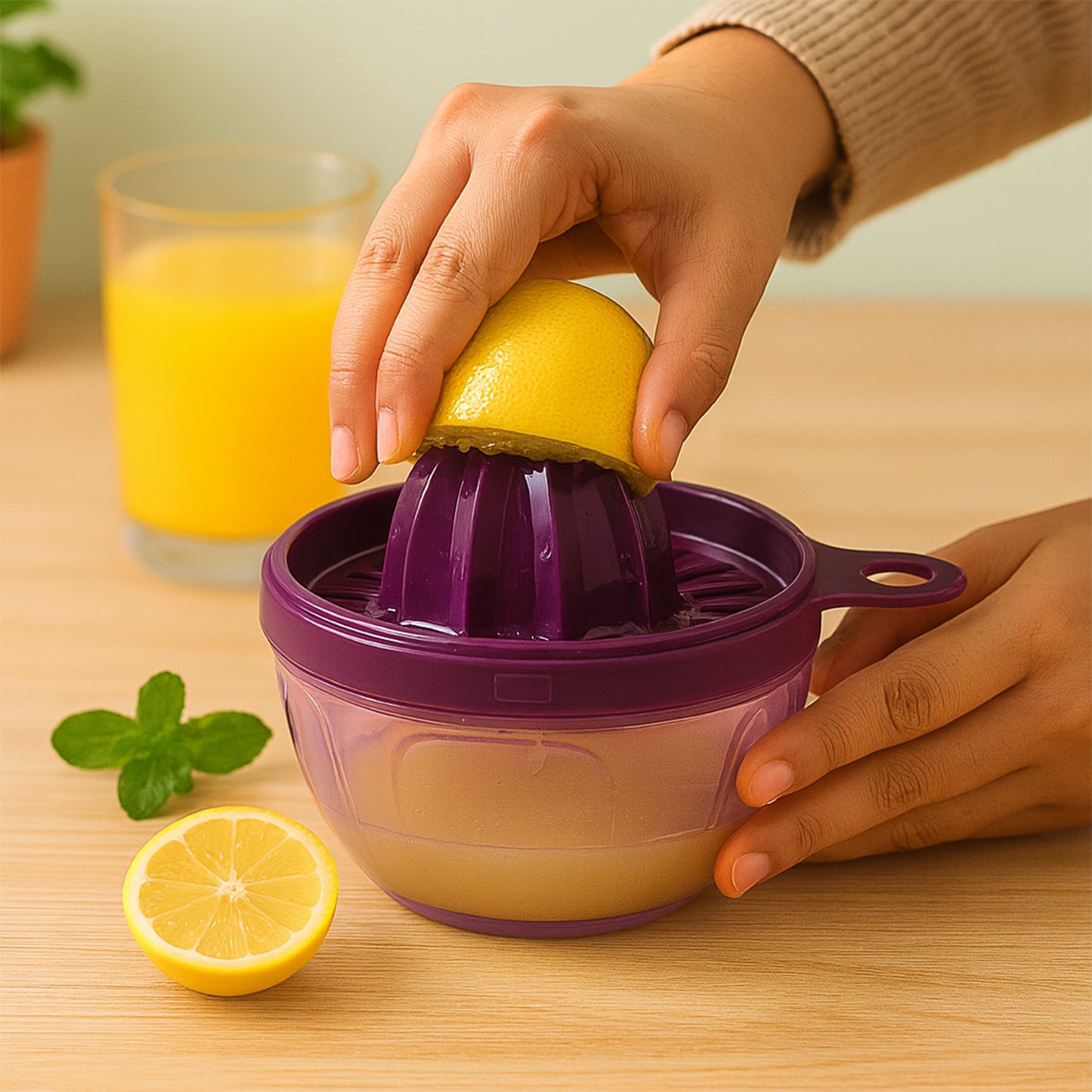 Wukusy Supermom Little Hand Juicer 650ml for home and kitchen use, showing compact design and vibrant color in a well-lit setting.
