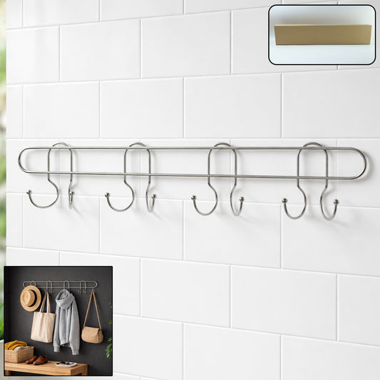 Stainless steel wall-mounted hook rack by Wukusy, showing multiple sturdy hooks for organizing keys, coats, or tools.