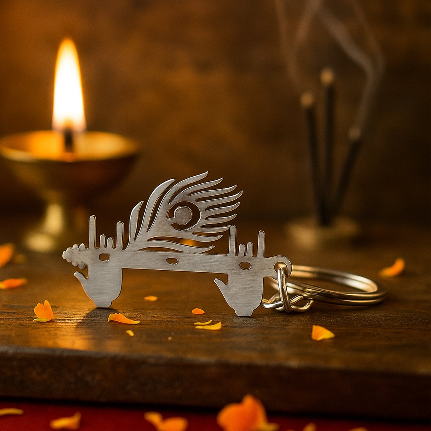 Wukusy Krishna Flute peacock feather metal keychain featuring intricate design, perfect for home improvement accessories.