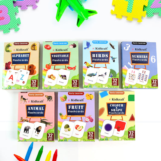 Wukusy 7-in-1 Kidkraft early learner flashcard set with 224 colorful educational cards for kids' learning activities.