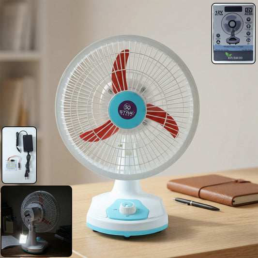 Wukusy Omega 12V rechargeable table fan with LED light, compact and portable fan with adjustable tilt and illuminated top.
