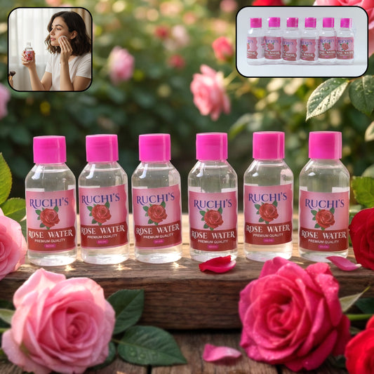 Six bottles of Wukusy Premium Rose Water Face Cleanser, 100ml each, arranged in a display with rose-themed packaging.