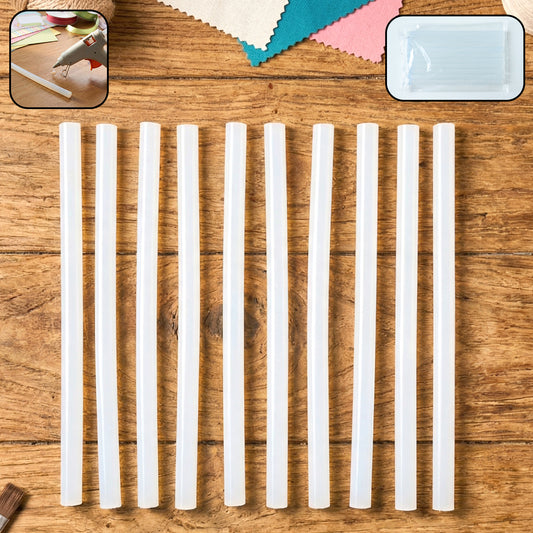 Set of 10 Wukusy hot glue sticks, 20 cm long, strong adhesive for crafts, arranged in a row on a plain background.