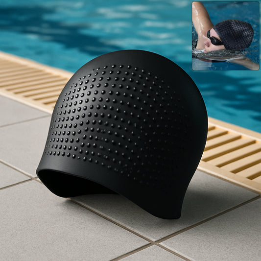 Wukusy premium silicone waterproof swimming cap for sports, shown in black, designed for comfortable, snug fit during swimming activities.