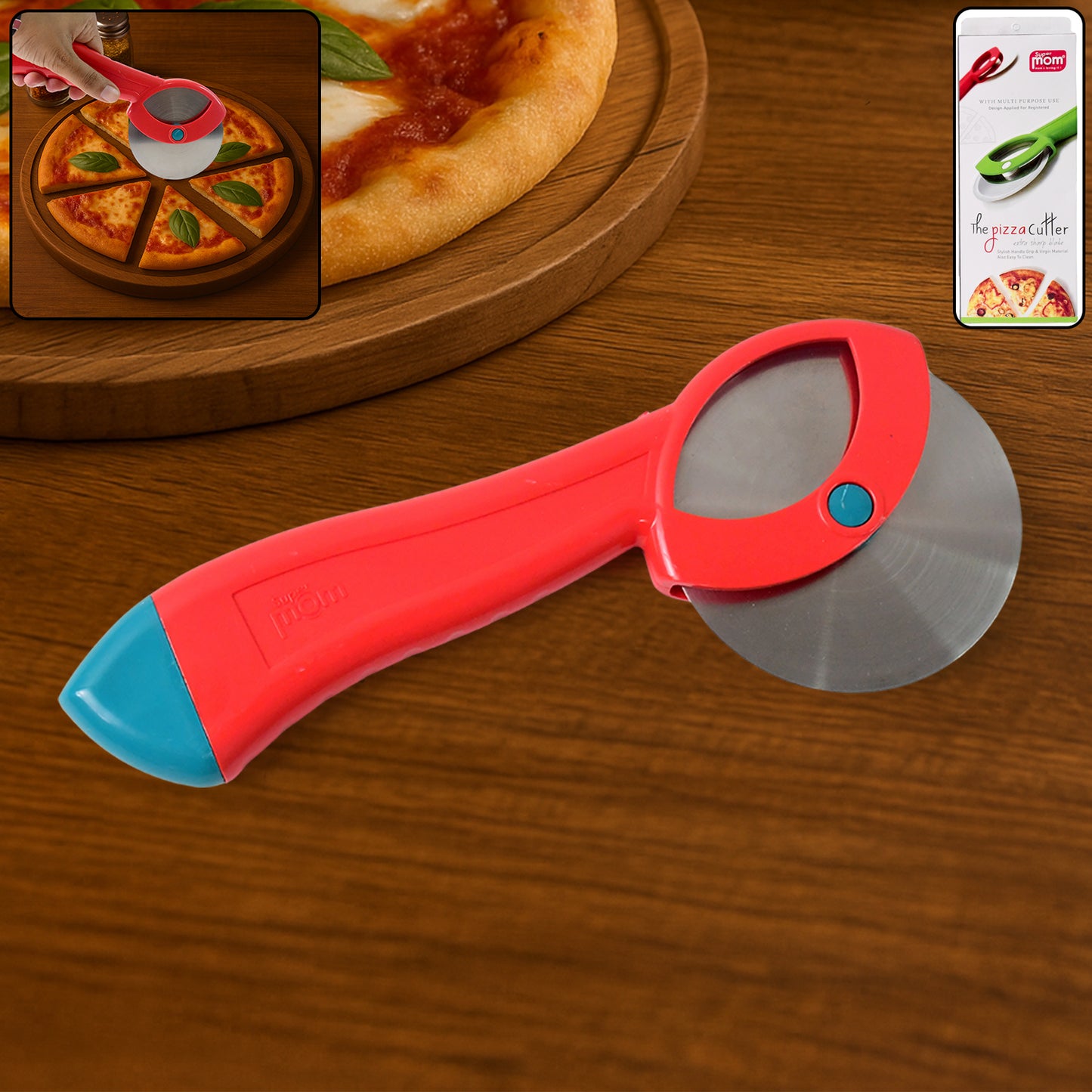 Wukusy Suppermom stainless steel pizza cutter with ergonomic handle, ideal for home kitchen use, on a clean countertop.