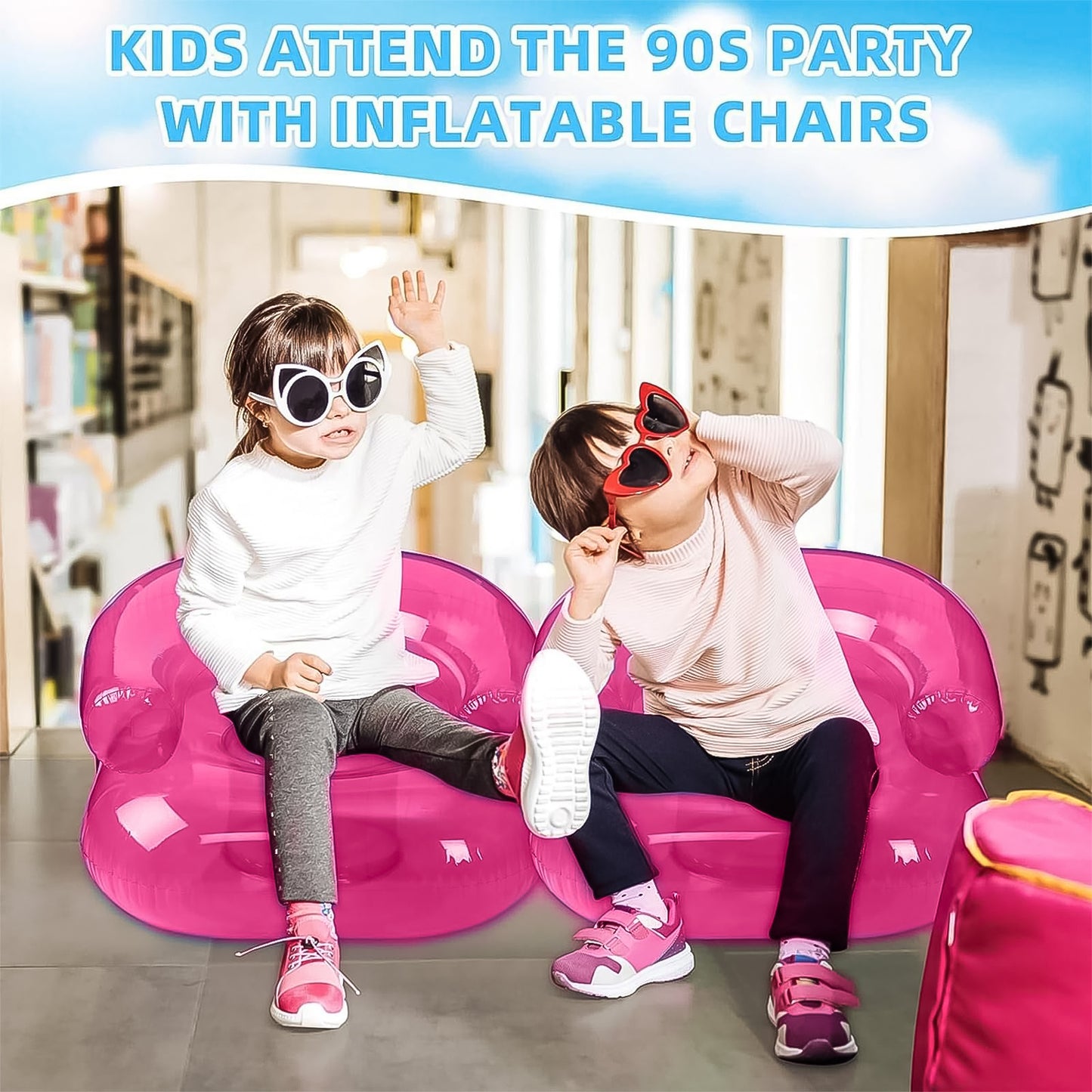 Wukusy inflatable sofa chair for boys and girls, 28-inch camping lounge seat, perfect for home or outdoor use, bright and colorful.