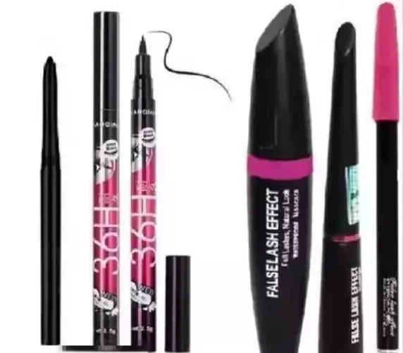 Set of five all-in-one waterproof eyeliners, mascaras, and eyebrow pencils by ekom with kajal for versatile eye makeup.