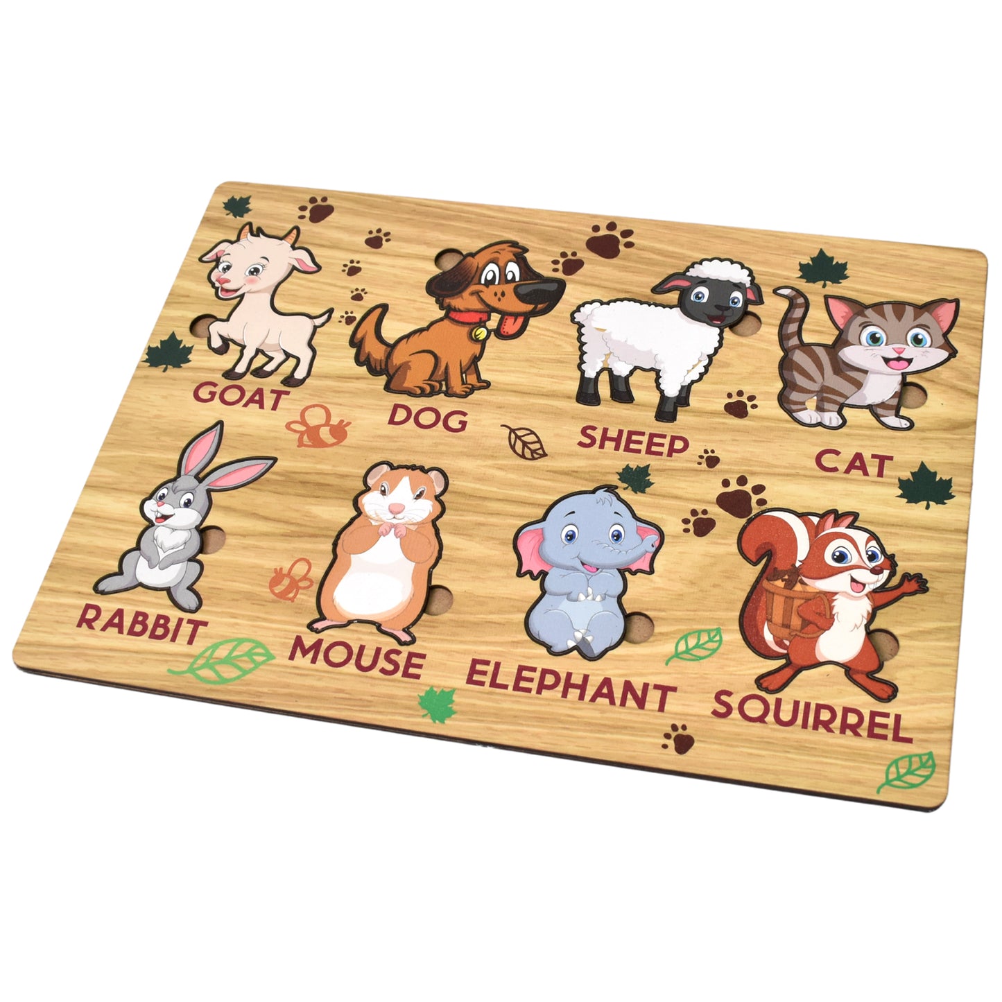 Wooden animal puzzle educational toy by Wukusy featuring colorful animal pieces on a learning board, suitable for kids.