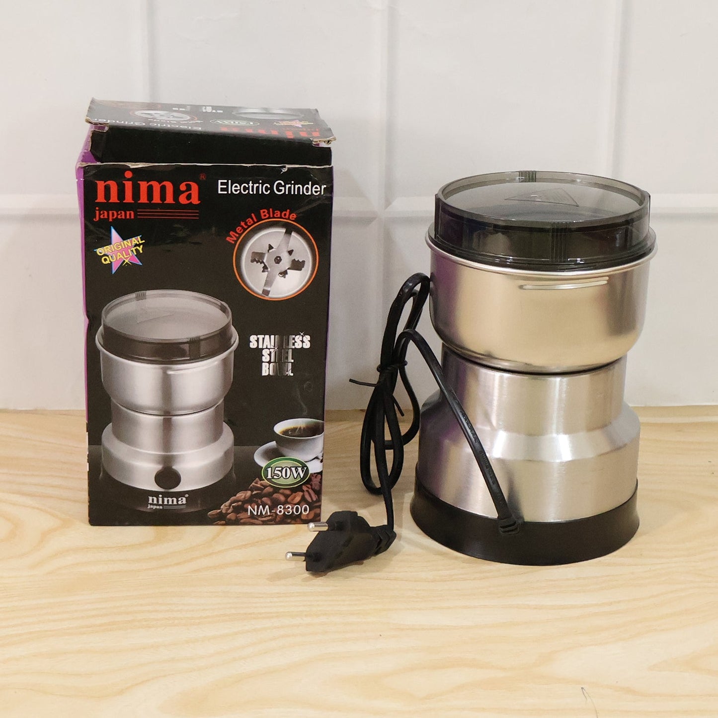 Wukusy Mini Electric Grinder with 150W stainless steel body for coffee, spice, and masala grinding, compact kitchen appliance