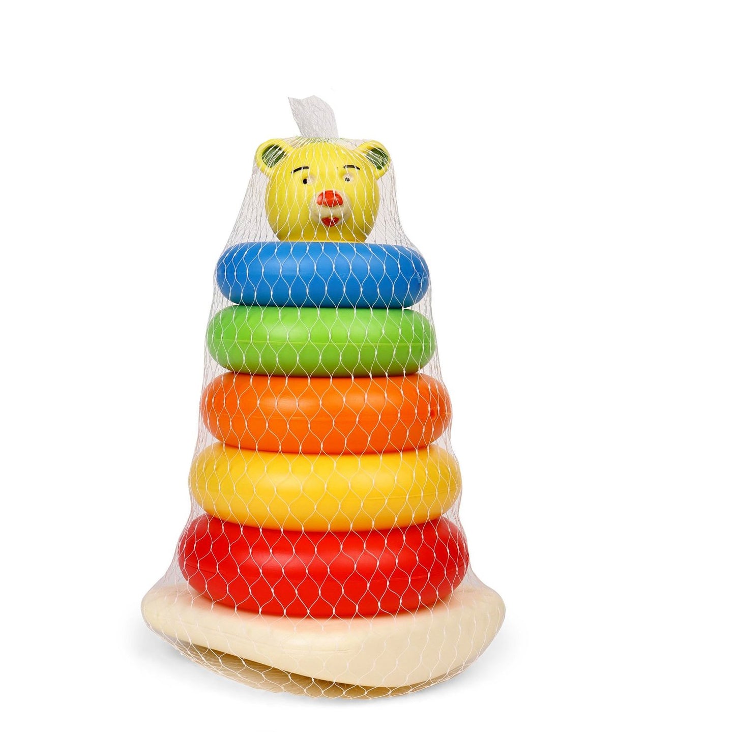 Wukusy 8017 plastic baby toy with five colorful stacking rings and teddy bear design, ideal for educational play and development.