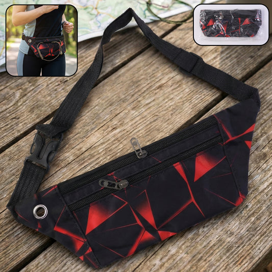 Wukusy adjustable sports waist pouch with zipper, black, designed for running and outdoor activities, shown on a model's waist.