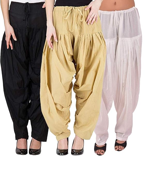 Pack of 3 women's cotton full-stitched Patiala Salwar in vibrant colors, designed for comfort and traditional style.