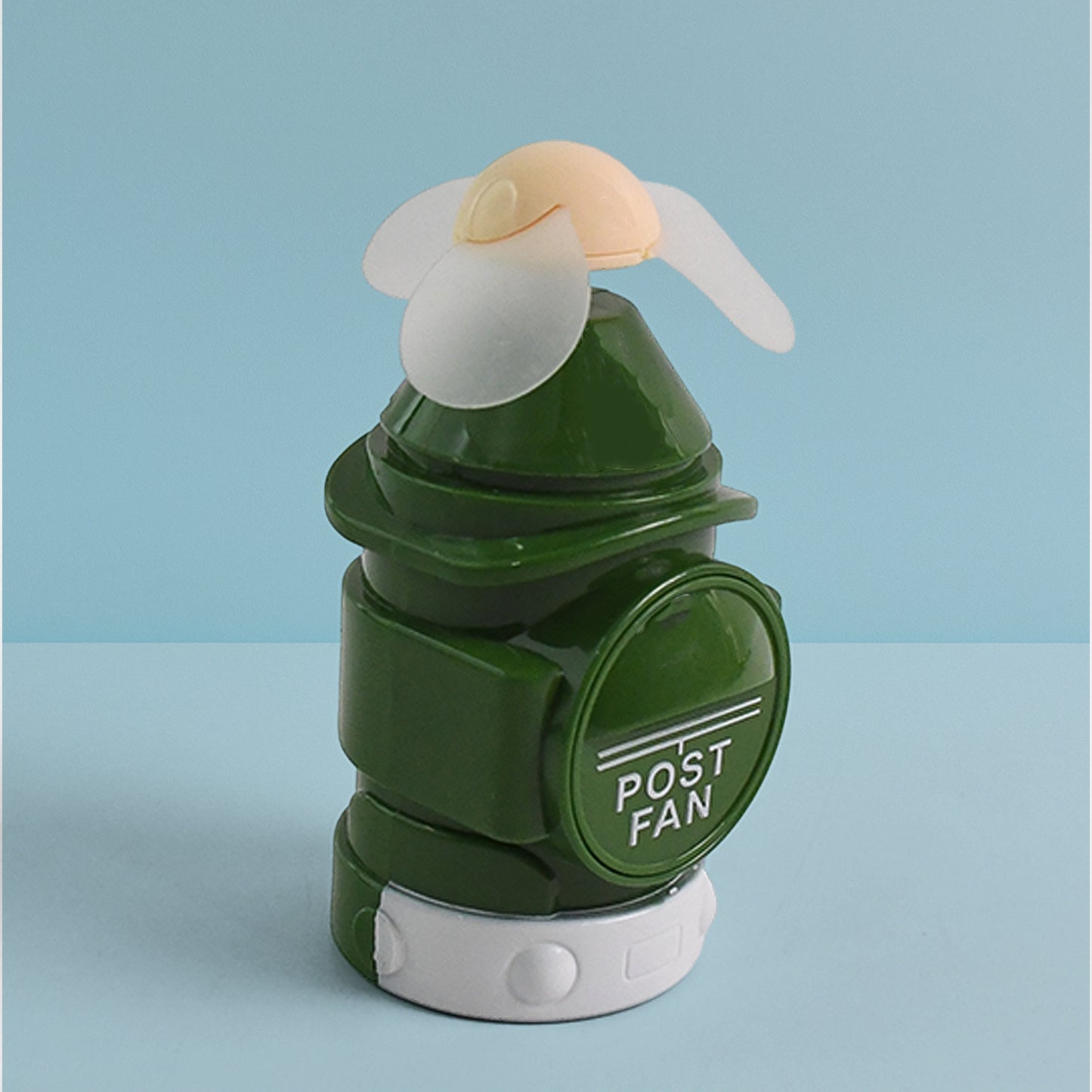 Wukusy manual portable handheld post fan for office use, showing its compact design and ergonomic handle for easy handheld cooling.