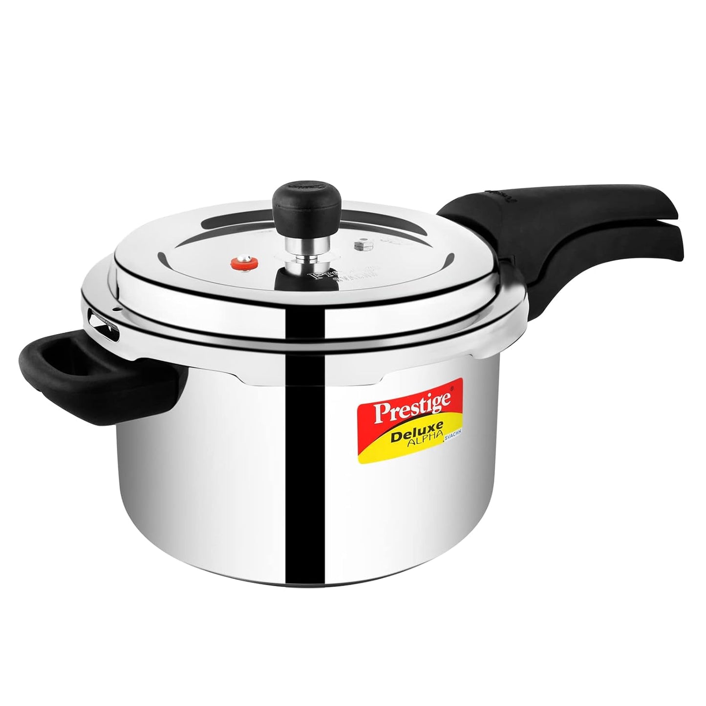 Seasons Prestige Deluxe Alpha Svachh 4L stainless steel induction pressure cooker with secure lid and pressure valves.