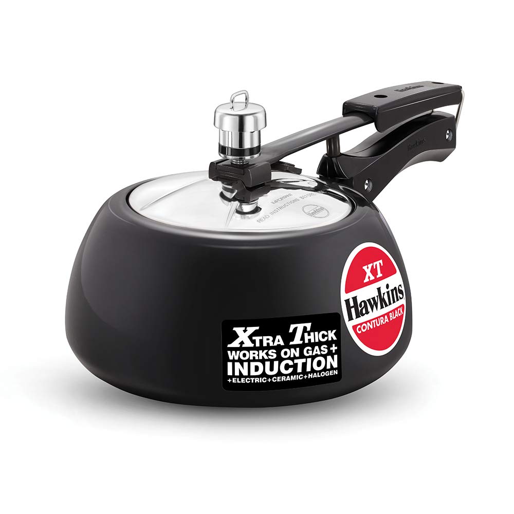 Seasons Hawkins Contura Black XT 2L induction pressure cooker with hard anodized bottom, sleek black finish, and sturdy handle.