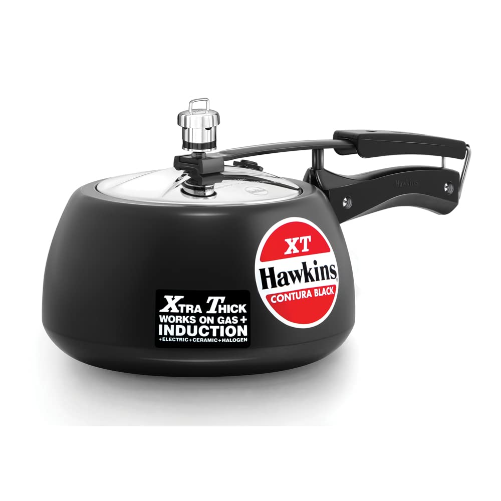 Seasons Hawkins Contura Black XT 3L induction bottom pressure cooker with hard anodized finish, sturdy handle and secure lid.