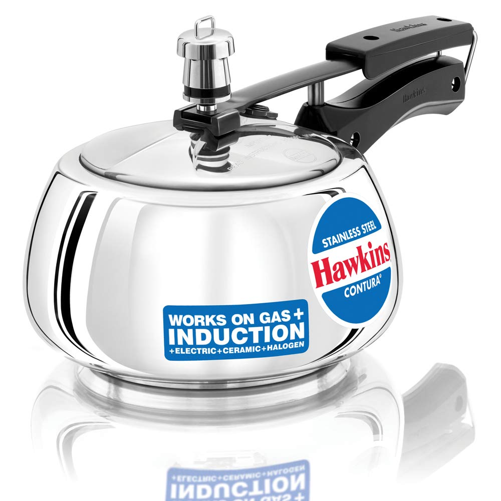 Seasons Hawkins Contura SSC20 stainless steel 2-liter induction bottom pressure cooker on stove.