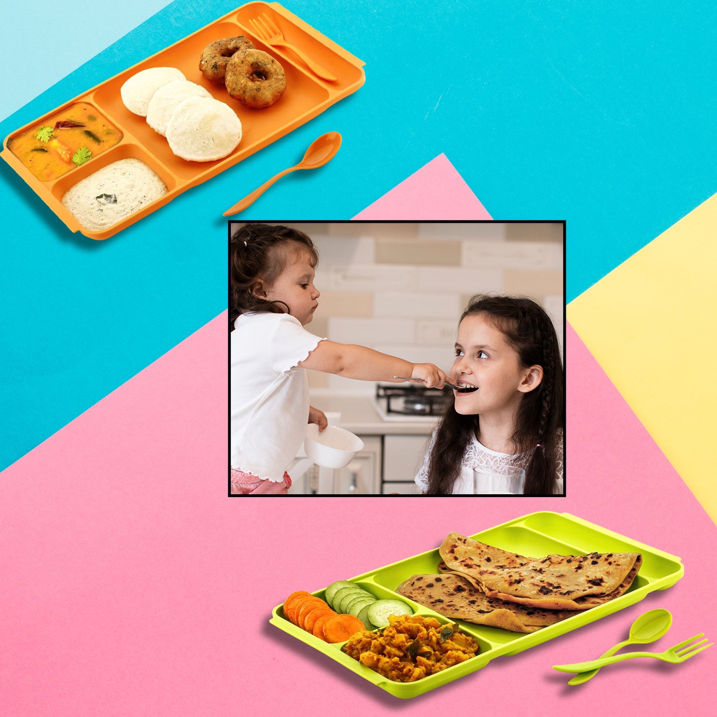 Wukusy 4-compartment plastic dish with spoon and fork, divided food plate for pav bhaji or meals, kitchen dinnerware set