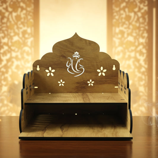 Wooden temple style home mandir stand for pooja by Wukusy, featuring traditional design and intricate craftsmanship.