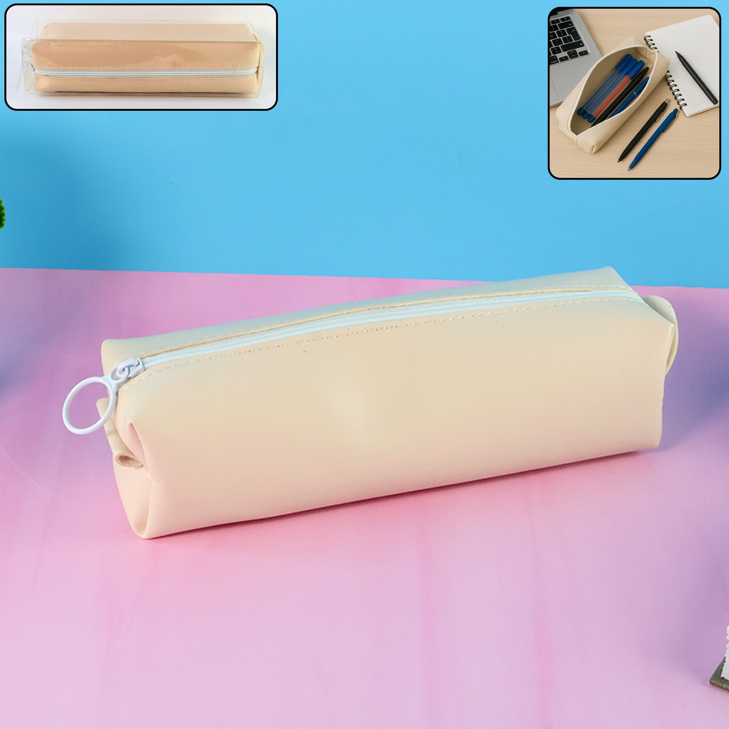 Slim PU leather pencil pouch by Wukusy, compact office accessory with a sleek design and zipper closure for organizing stationery.