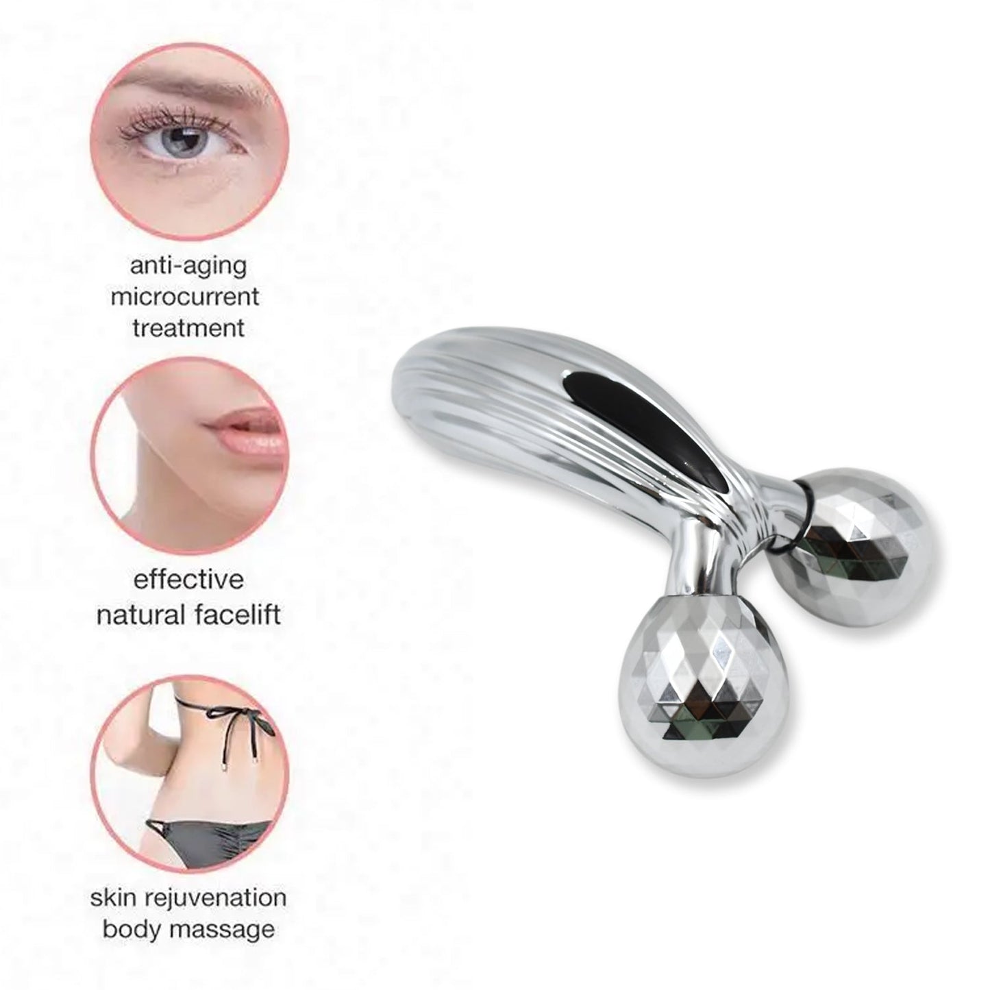Wukusy 3D Manual Face Roller Massager, black plastic handle with dual rolling balls for facial massage and skin toning.