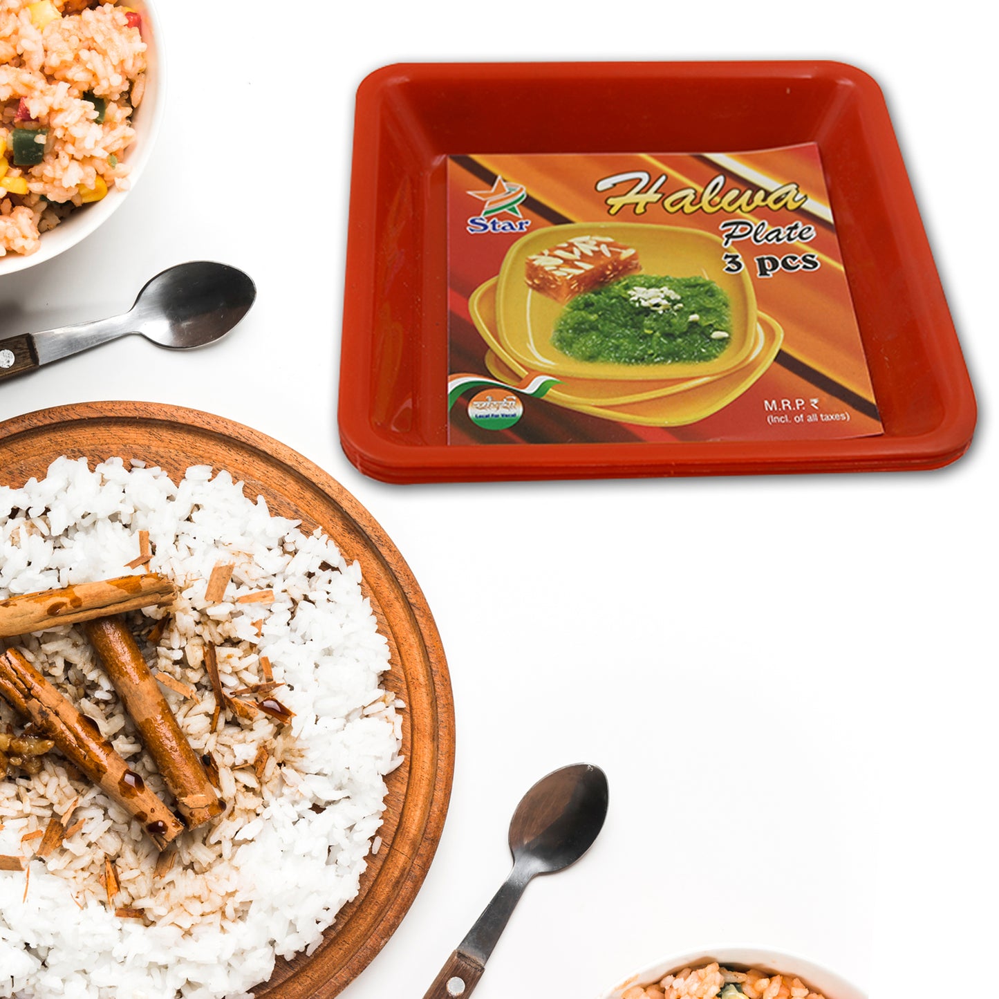 Set of three square plastic Halwa dinner plates by Wukusy, ideal for snacks, breakfast, and serving trays at home, school, or hotel.