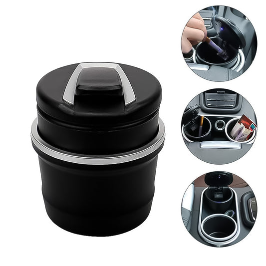Portable Wukusy car ashtray with lid and blue LED light, compact design, suitable for vehicle use, shown with a color box.